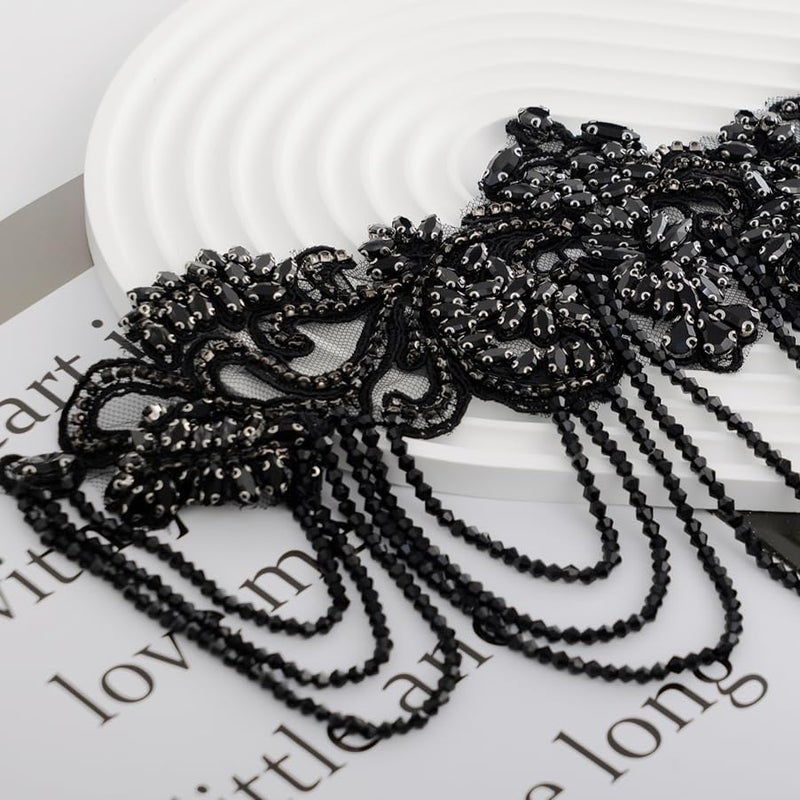 amusediy Black Beaded Rhinestones Applique Embellishment for Clothes,Epaulettes Shoulder Patches Sew-on Diamond Sequin Applique for Wedding Dress DIY Accessories Belt Waist Decoration - Image 4